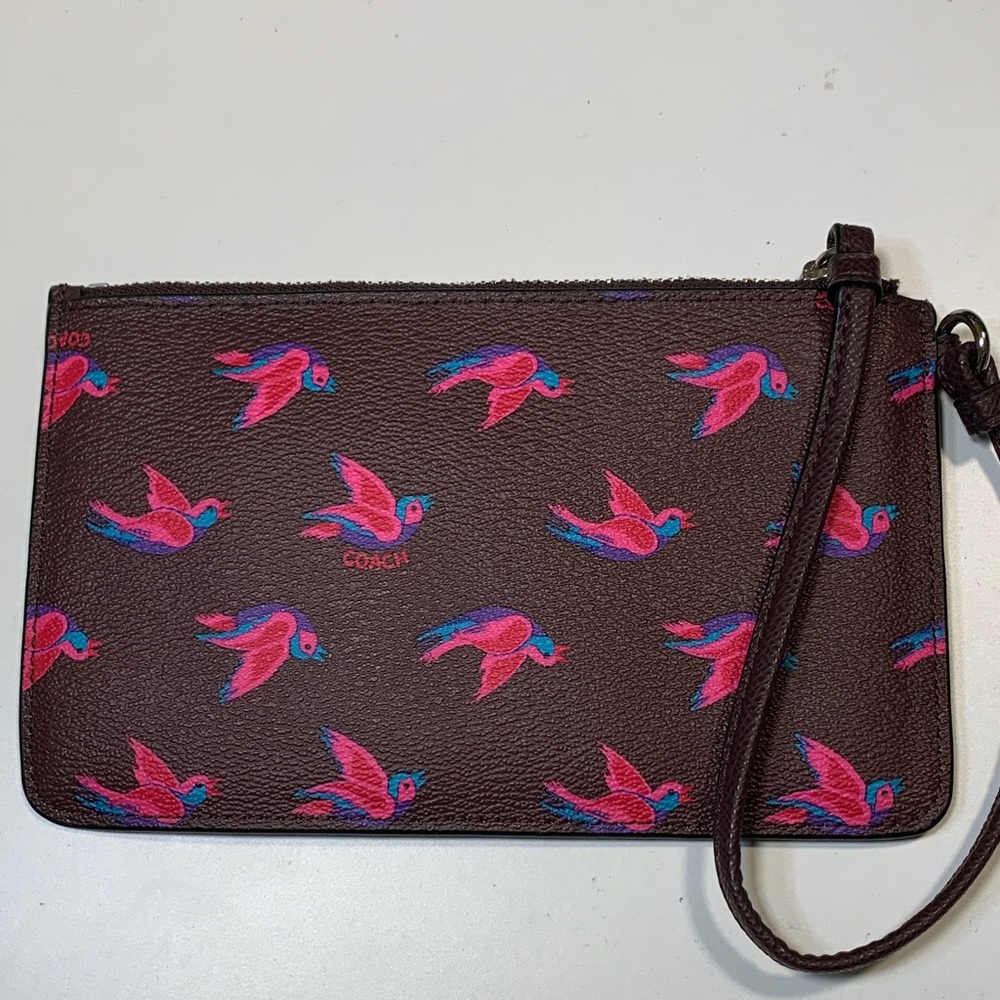 Coach Dark Brown Wristlet with Pink Bird Design - Picture 2 of 5